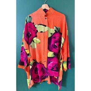 Art to Wear Silk Blouse Floral Button-Up Tunic Bold Floral Print Painted Plus 1X